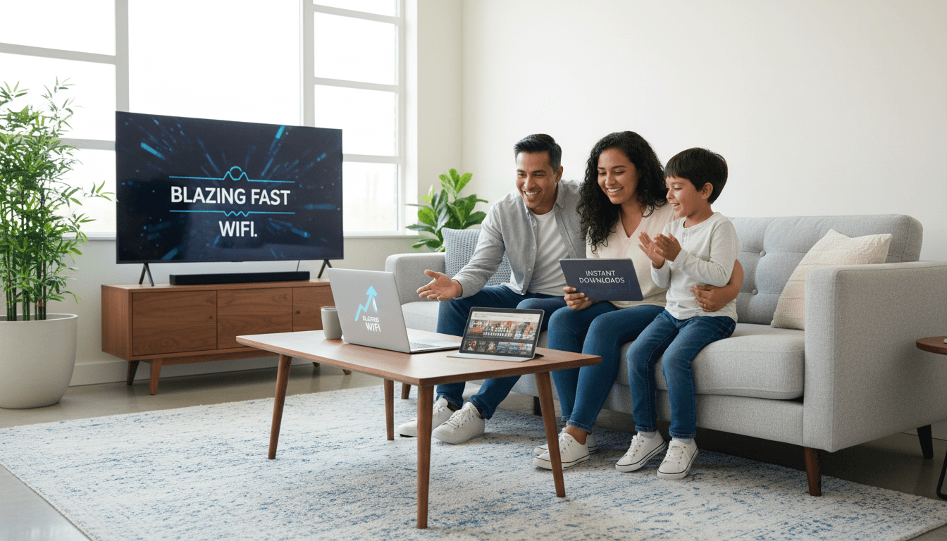 Latino family in living room using high-speed internet on devices